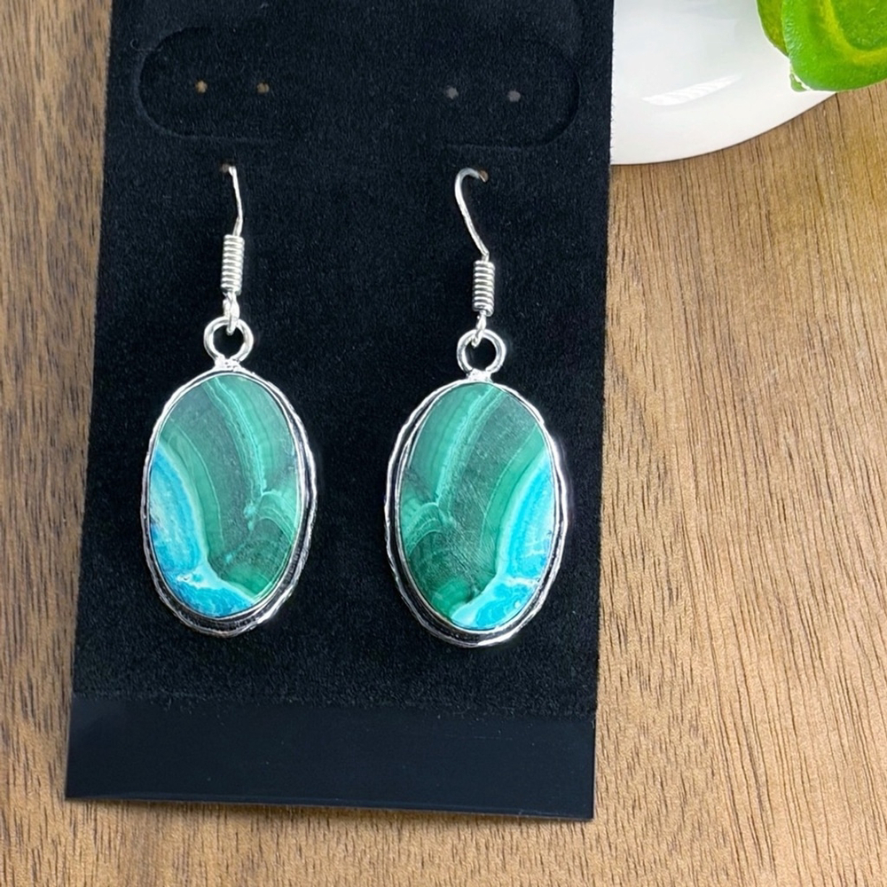 Boho Southwest Malachite Chrysocolla Earrings 925 Sterling Silver Overlay - Picture 2 of 6